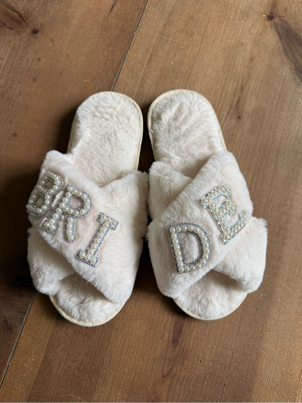 Bridal White Faux Fur Pearl Rhinestone Slides Slippers 38/39